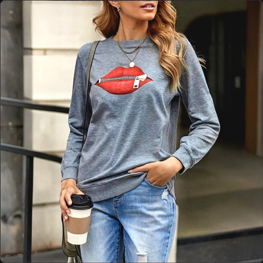 💋Zipped Graphic Long-sleeved Pullover Gray